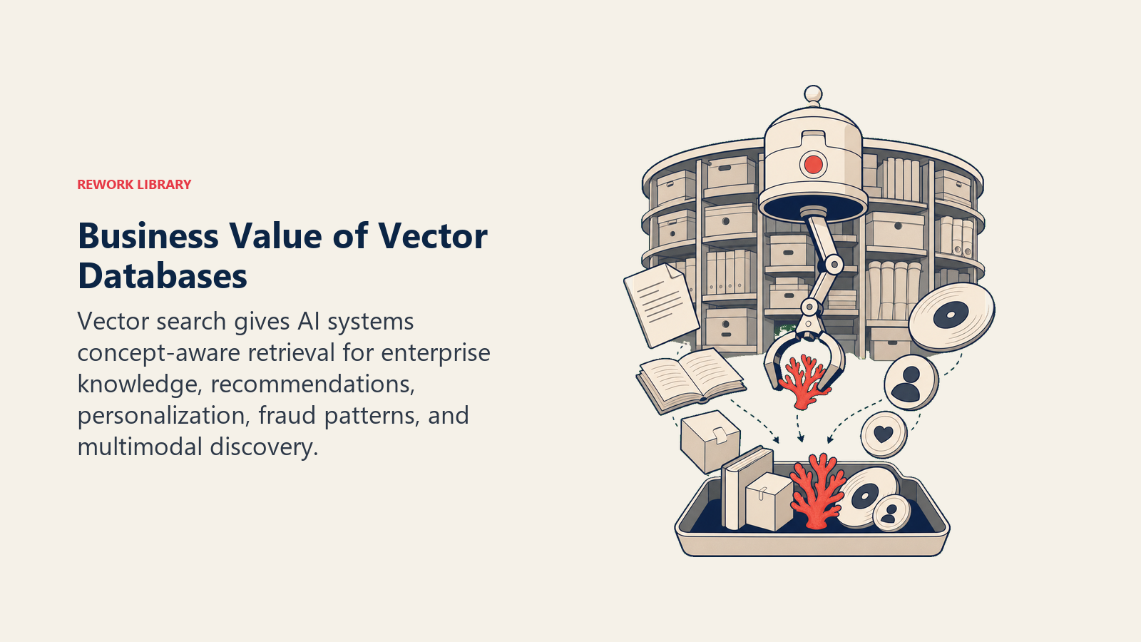 Business Value of Vector Databases illustrated with expert librarian lens retrieving conceptually related artifacts from a large archive
