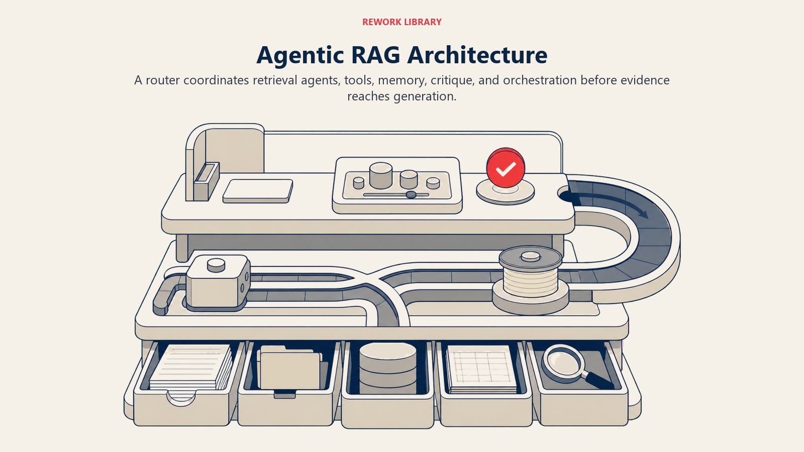 Agentic RAG architecture shown as layered evidence drawers, routing and memory mechanisms, and a critique control desk