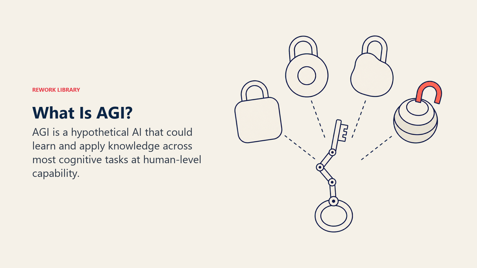What is AGI, shown as one adaptable key opening different cognitive task locks