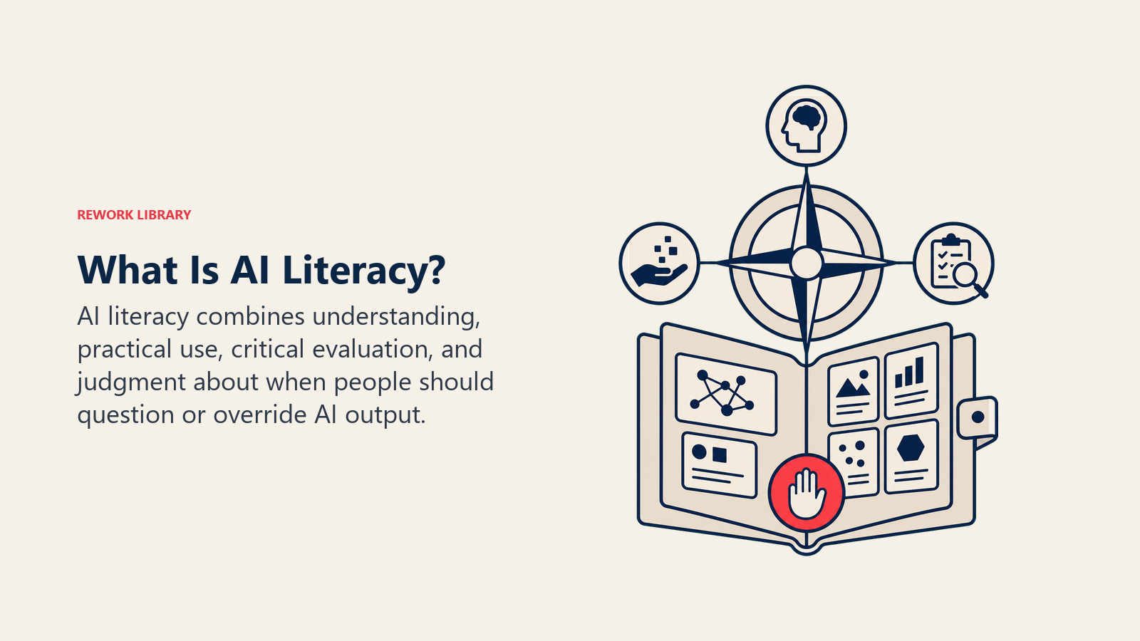 What Is AI Literacy with a four-direction learning compass, inspection lens, and human checkpoint