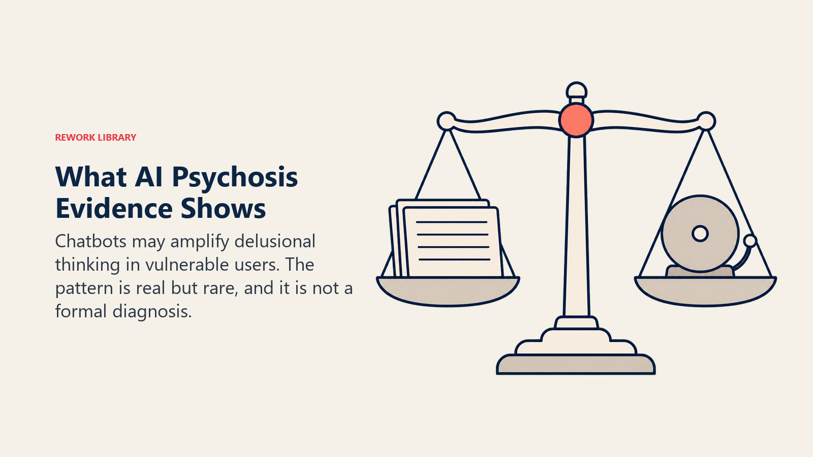 Balanced scale showing measured AI psychosis evidence against an alarm bell