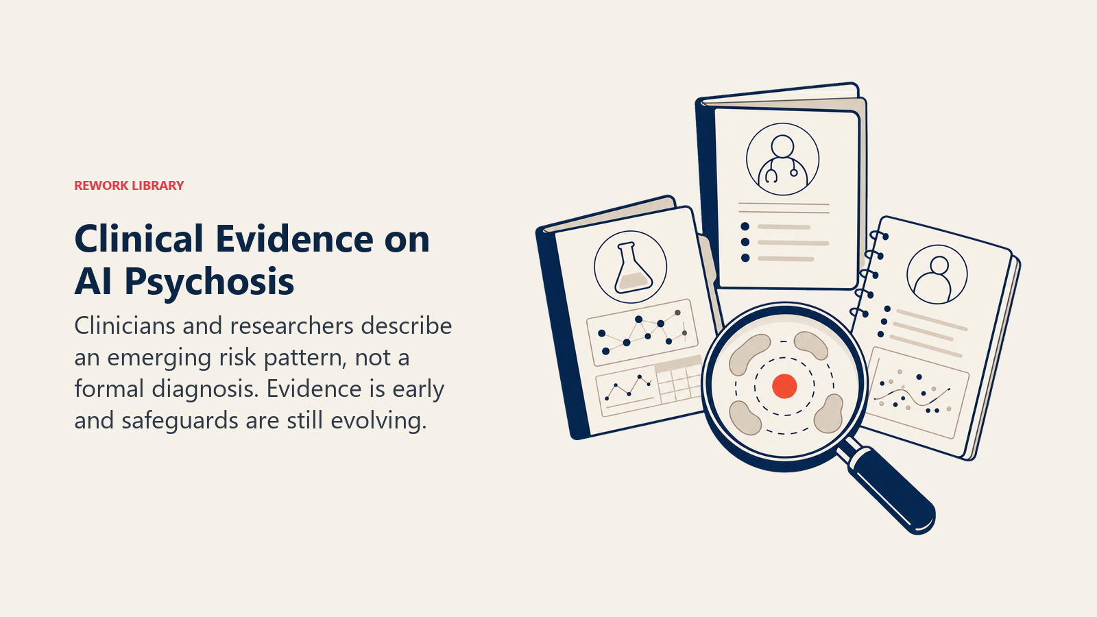 Clinical evidence on AI psychosis shown as three research folios converging beneath a magnifying lens