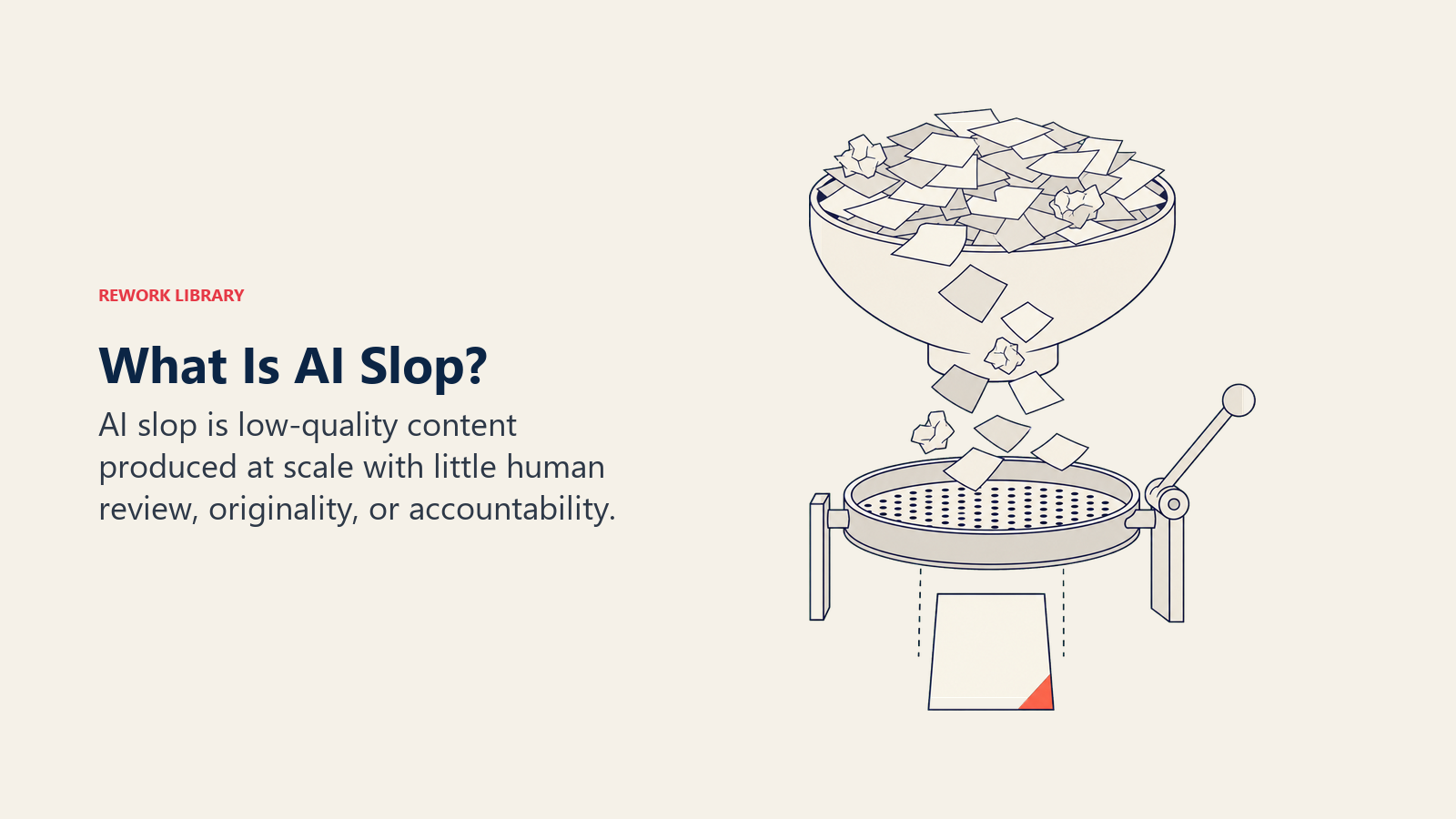 What Is AI Slop shown as duplicate content overflowing into a human quality-control sieve