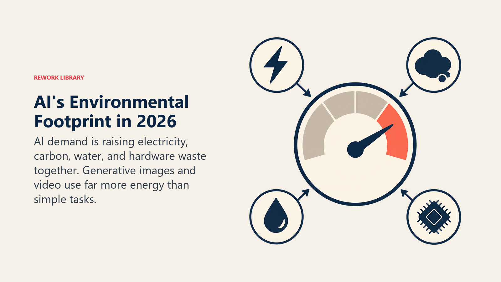 AI environmental footprint gauge combining electricity, carbon, cooling water, and electronic waste