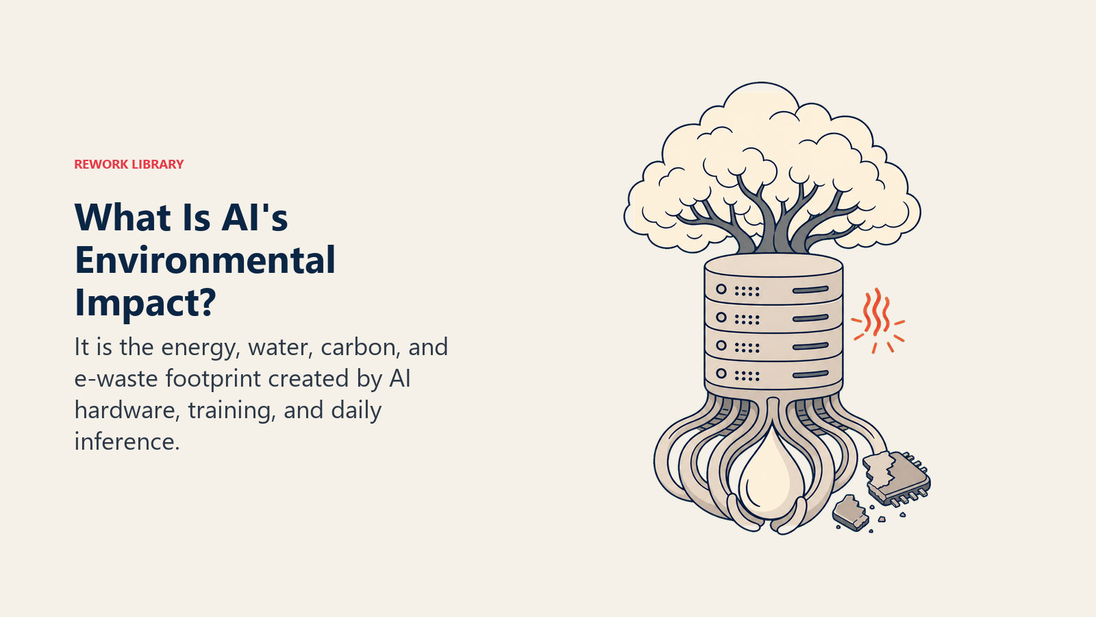 AI environmental impact shown as a server-tree with cooling water, heat output, and retired chip fragments