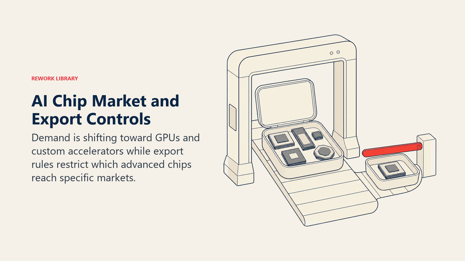 AI chip market and export controls shown as a mixed accelerator shipment passing through a customs inspection arch