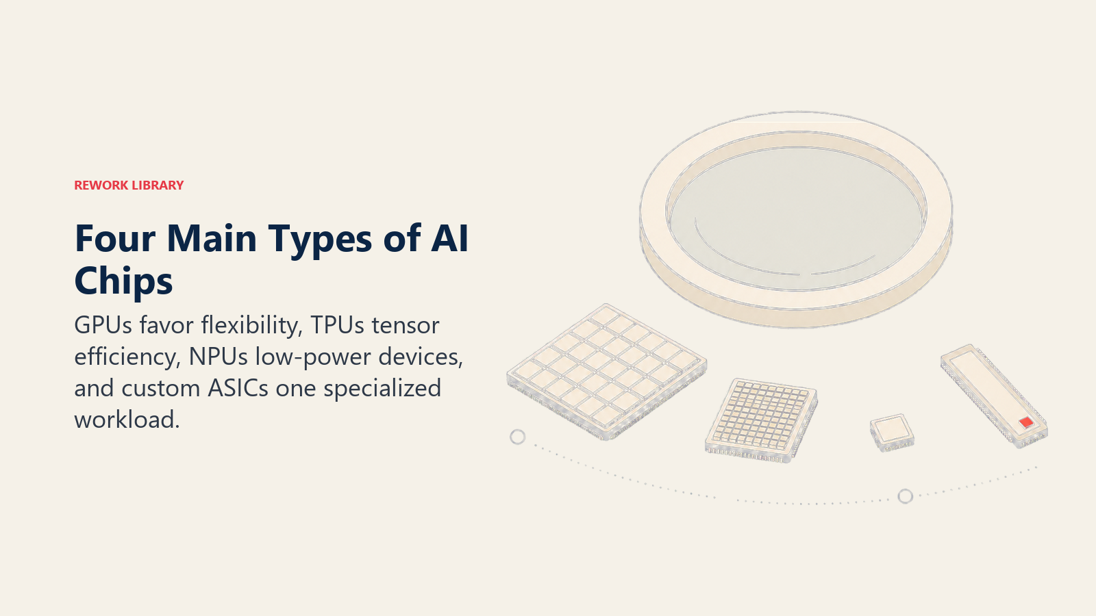 Four main AI chip types shown as distinct GPU, TPU, NPU, and custom ASIC specimens under a classification lens