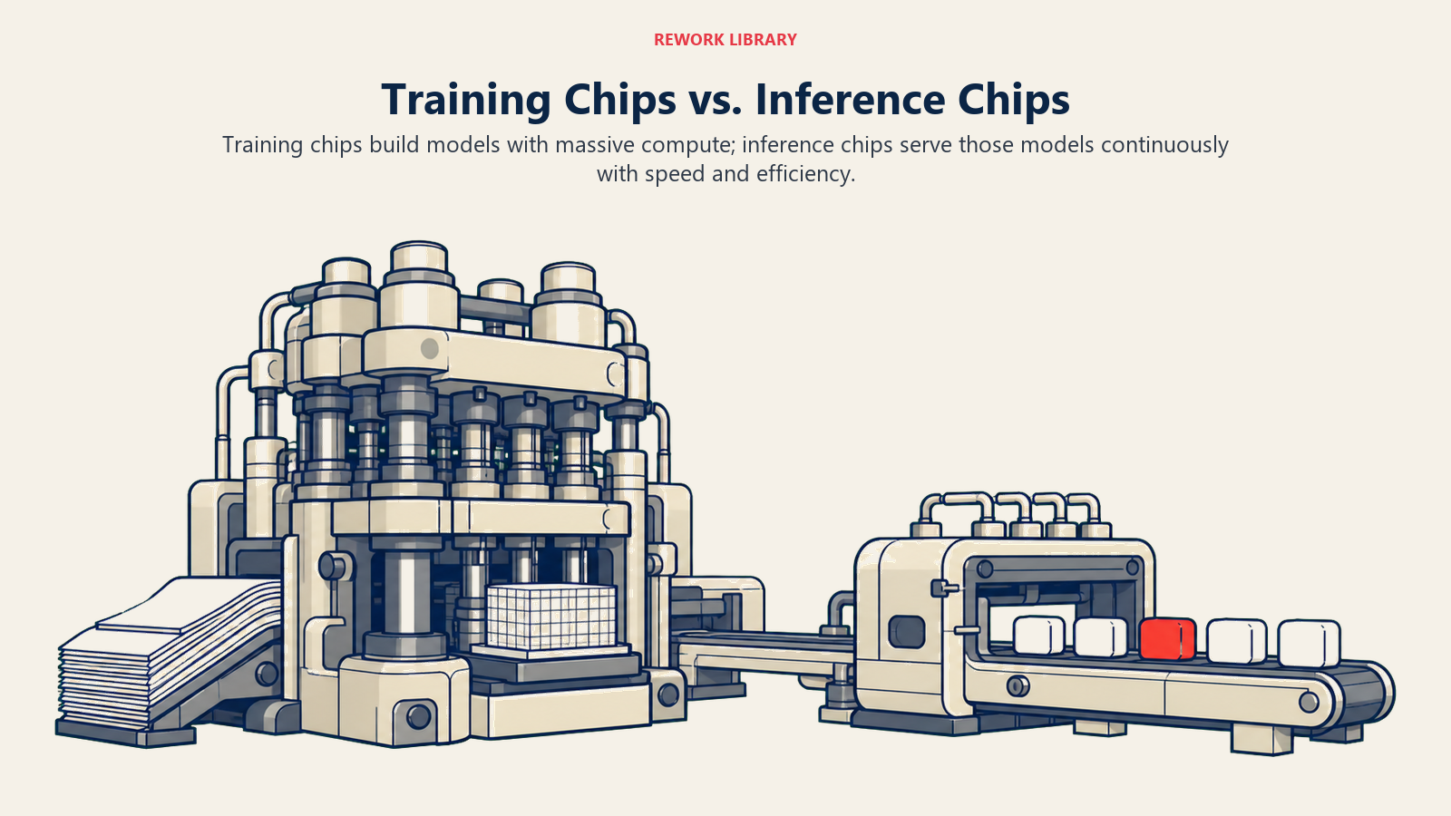 Training chips versus inference chips shown as a massive model-building factory beside a lean continuous serving line