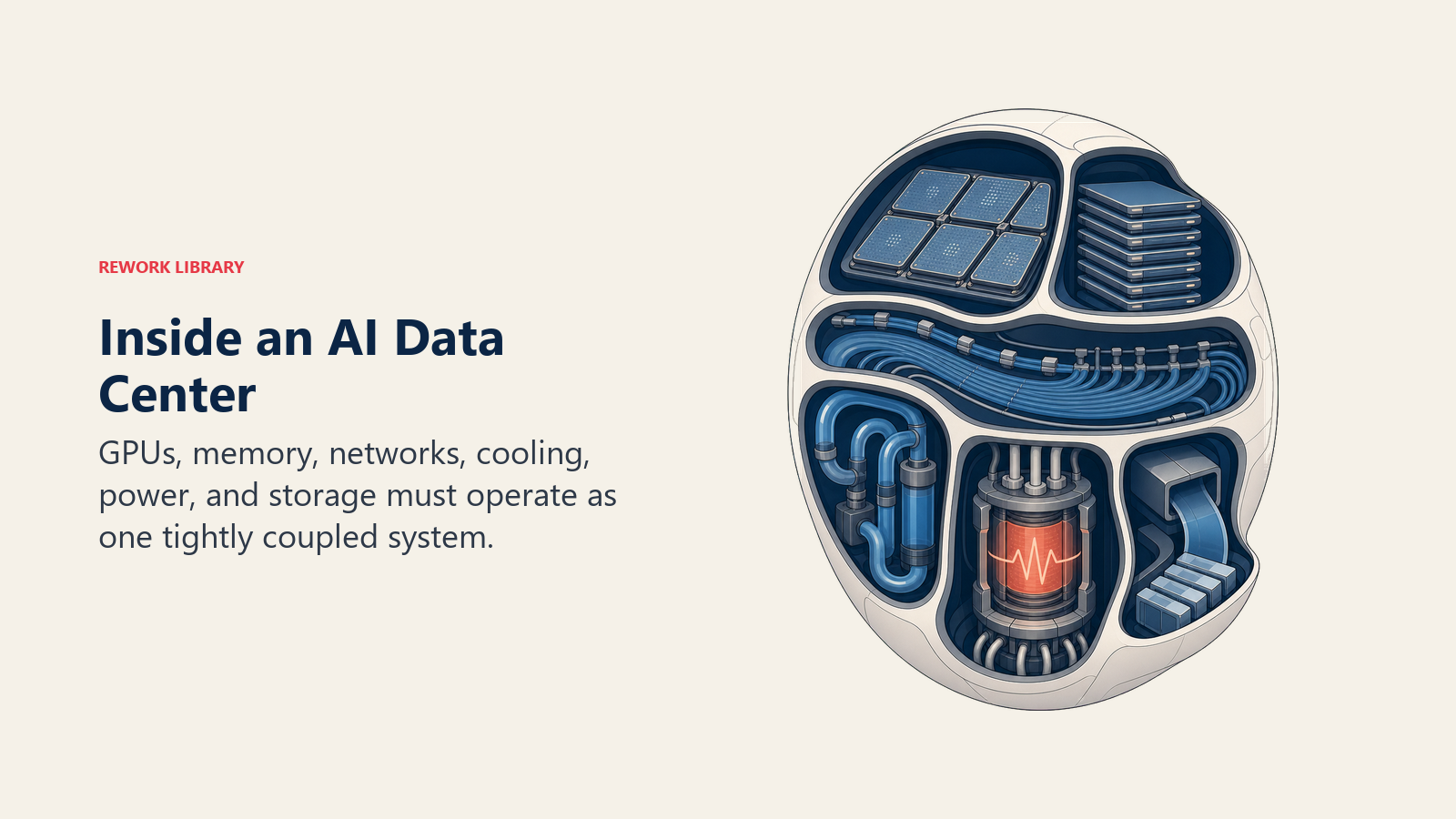 AI data center cutaway with GPUs, memory, network fabric, cooling, power, and storage