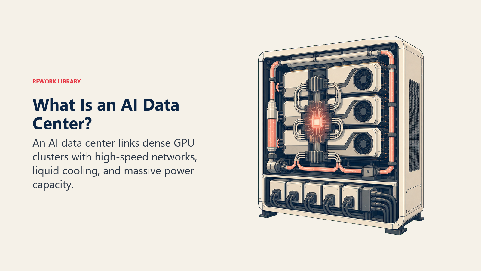 AI data center shown as a high-density GPU rack with liquid cooling, fast interconnects, and a heavy power bus