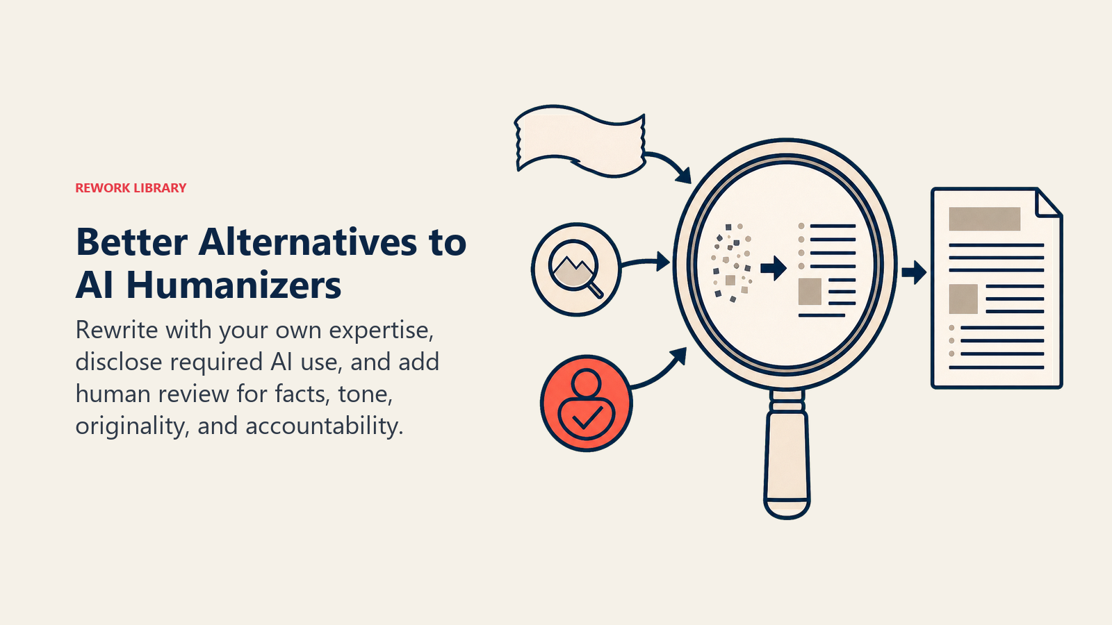 Better alternatives to AI humanizers shown as an editorial lens adding expertise, disclosure, and human review to a draft