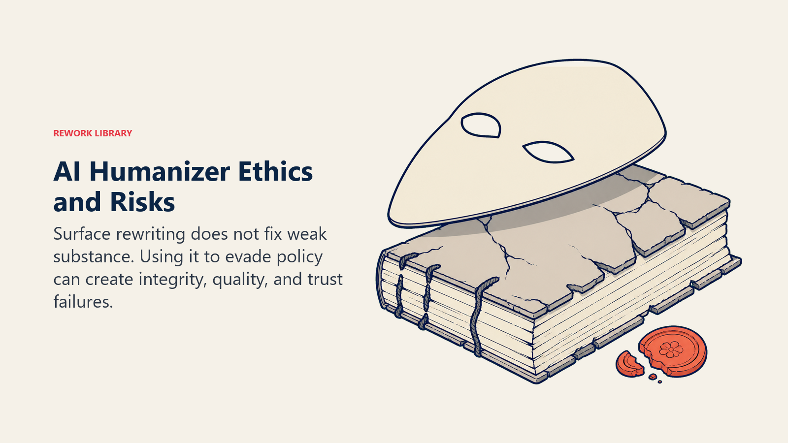 AI humanizer ethics and risks shown as a polished writing mask hiding a cracked, unchanged manuscript