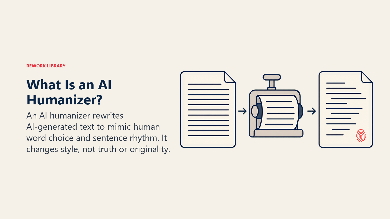 What is an AI humanizer, shown as a manuscript passing through a rewriting roller