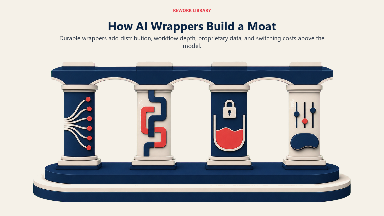 How AI Wrappers Build a Moat illustrated as durable value built above commodity infrastructure