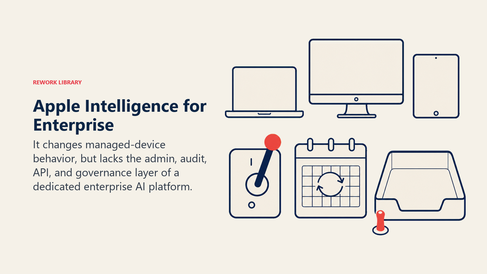 Apple Intelligence for Enterprise illustrated with managed device fleet beside a single coarse control switch and missing governance tray