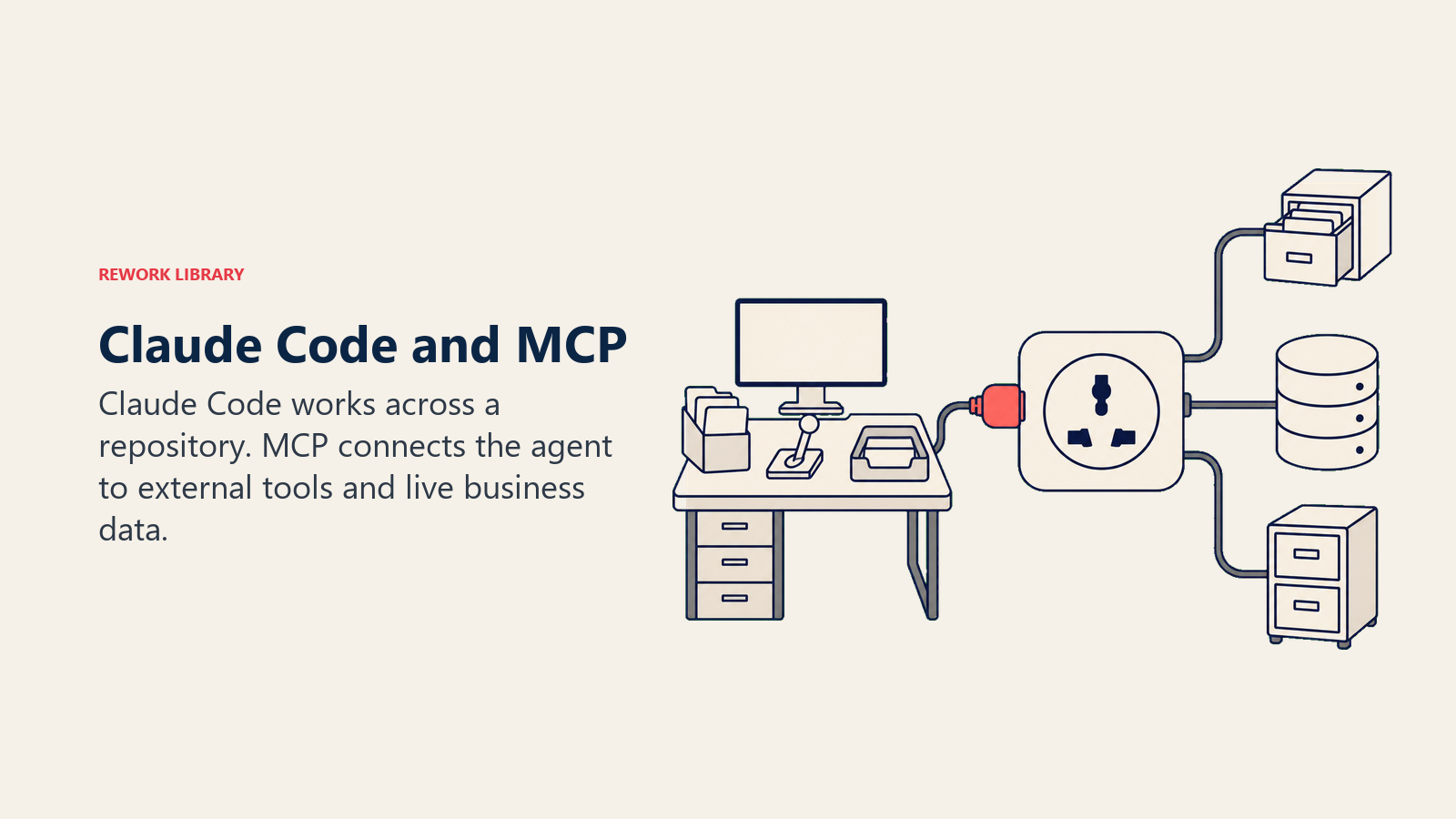 Claude Code and MCP shown as a coding workbench connected through one standard socket to files, data, and CRM tools