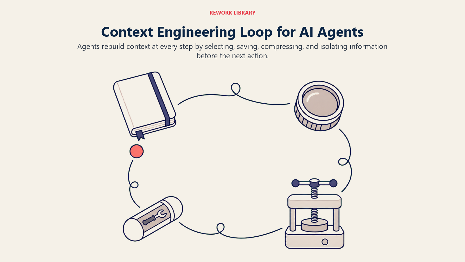 Context engineering loop moving memory through selection, compression, tool action, and returned results