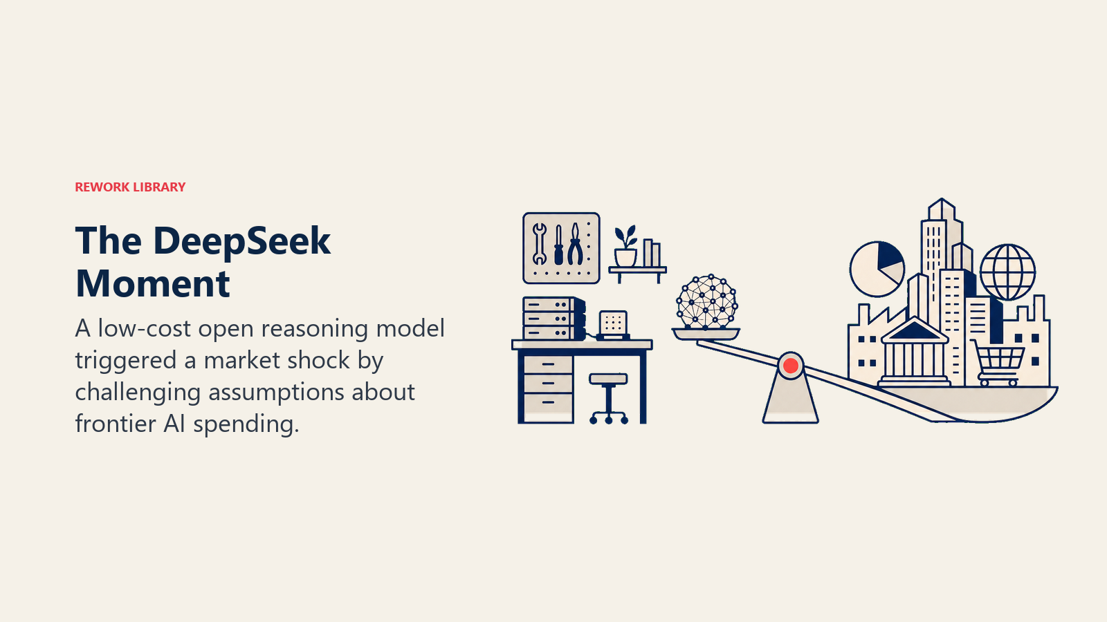 The DeepSeek Moment illustrated with small research workshop sending a powerful model weight into a giant market balance