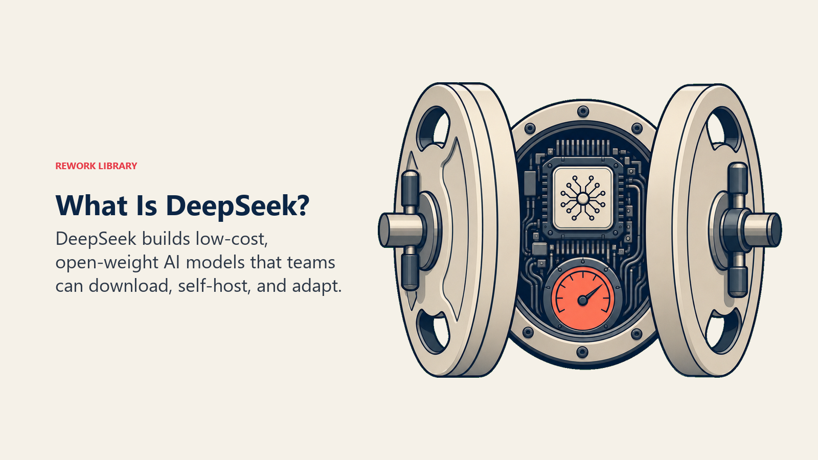 What Is DeepSeek, shown as an open model-weight vault revealing an efficient AI chip core