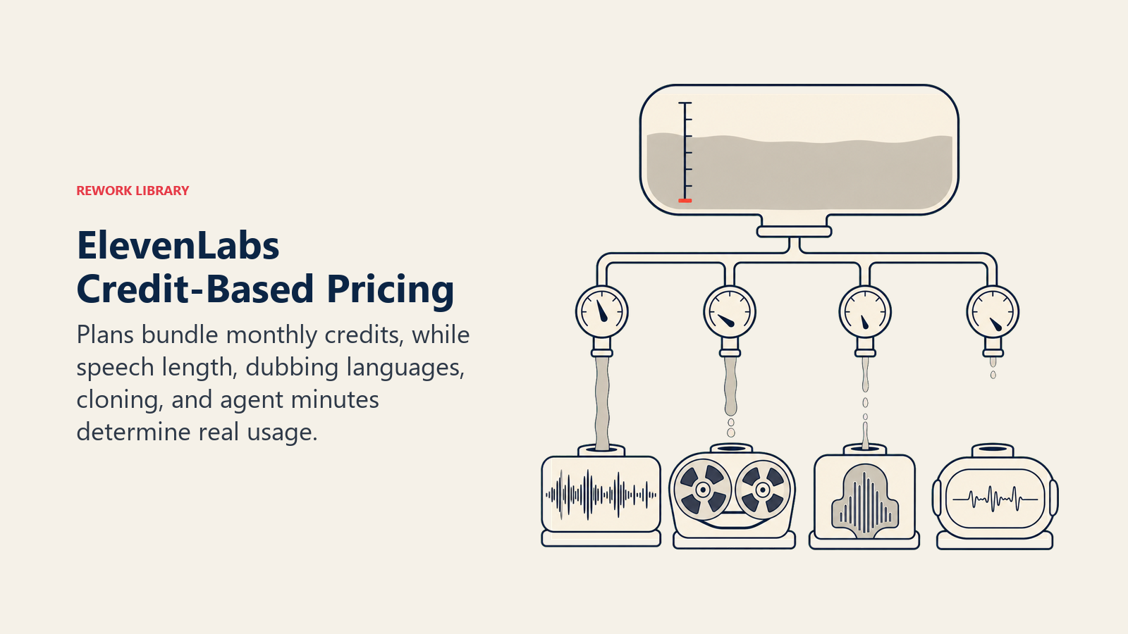 ElevenLabs credit-based pricing shown as one allowance reservoir feeding voice, dubbing, cloning, and agent usage at different rates