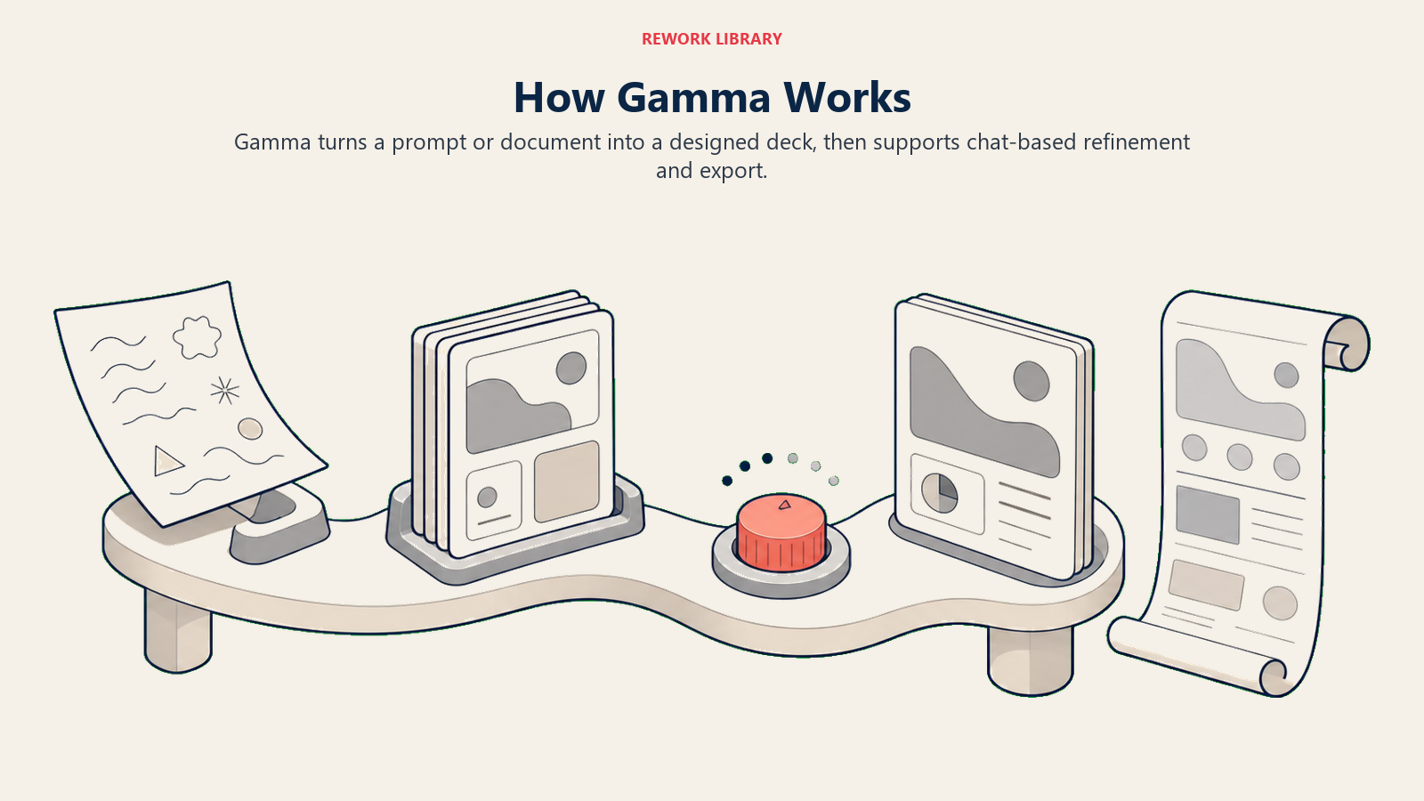 How Gamma works from prompt input through deck generation, refinement, and export