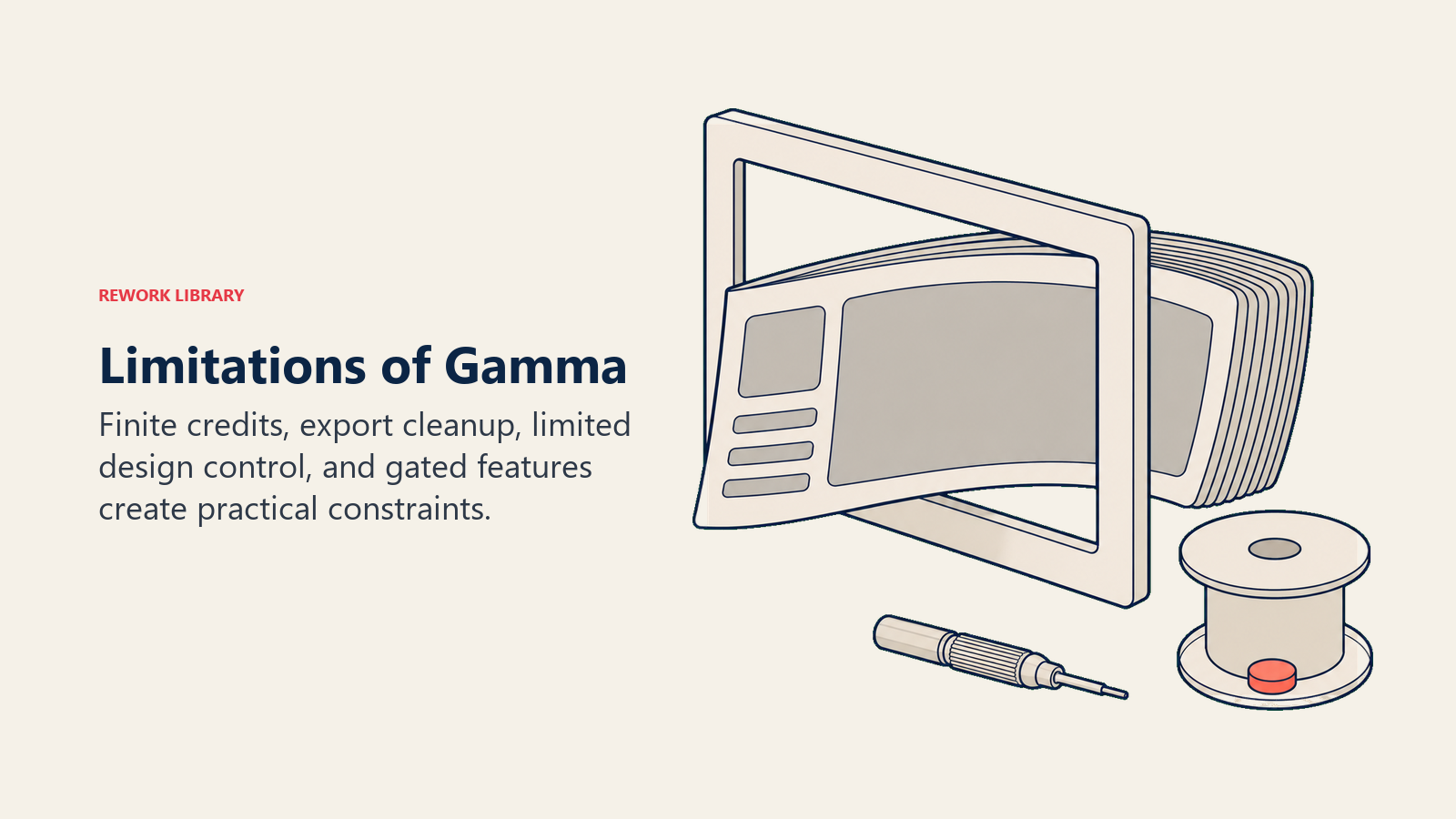 Limitations of Gamma shown as a presentation deck passing through an export frame beside depleted credits