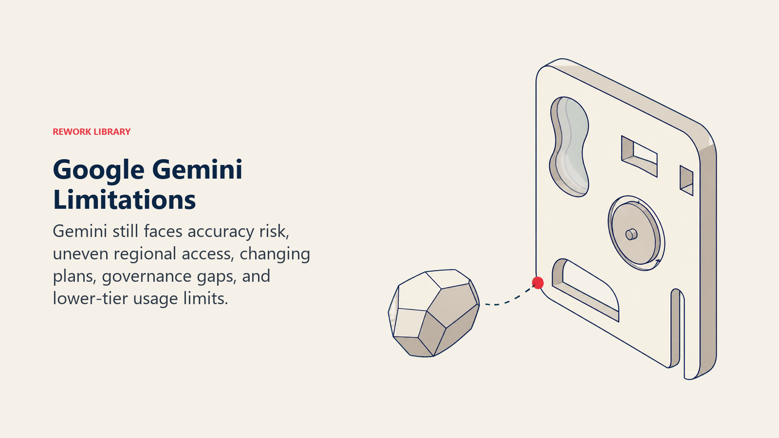Google Gemini limitations shown as a faceted model object constrained by an uneven five-notch gate