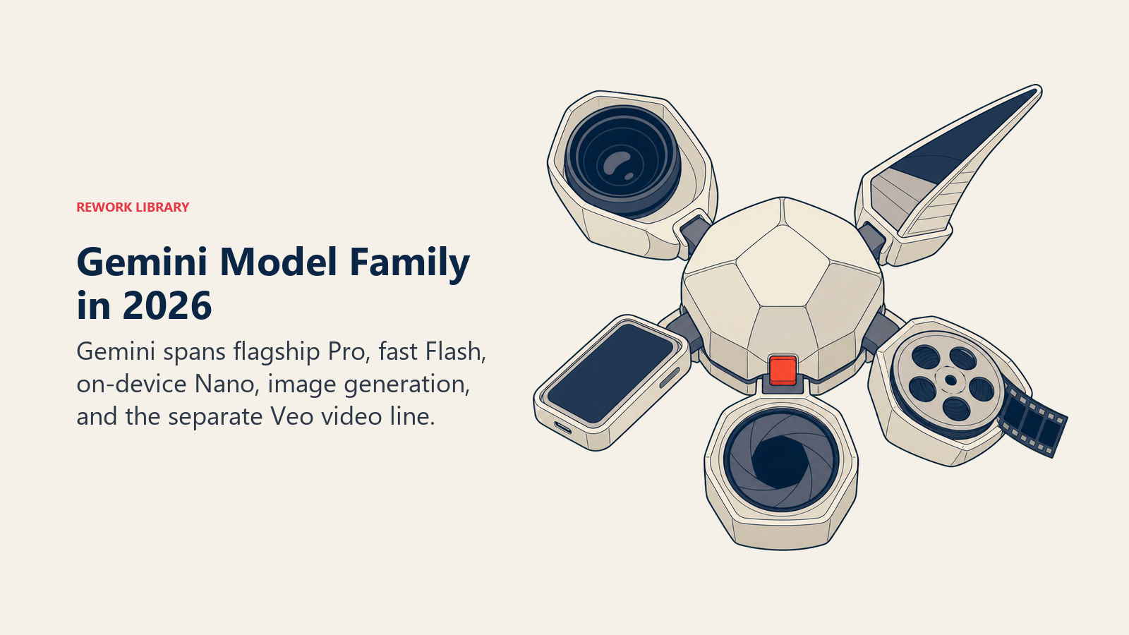 Gemini model family shown as one modular core branching into Pro, Flash, Nano, image, and video instruments