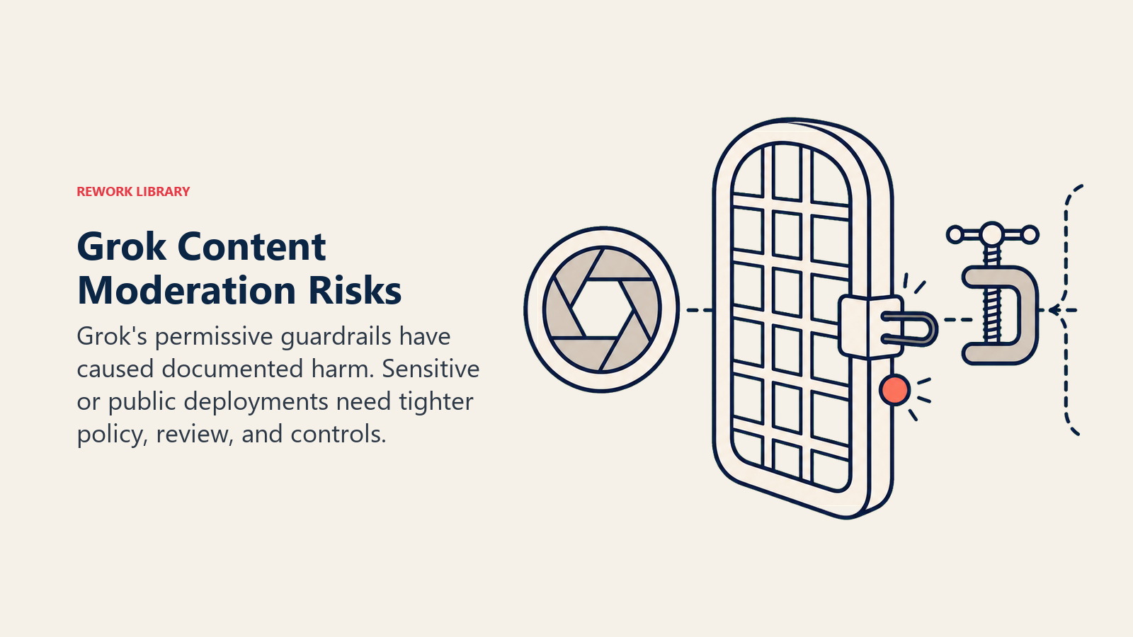 Grok content moderation risks shown as a failed safety latch exposing protected identity tokens