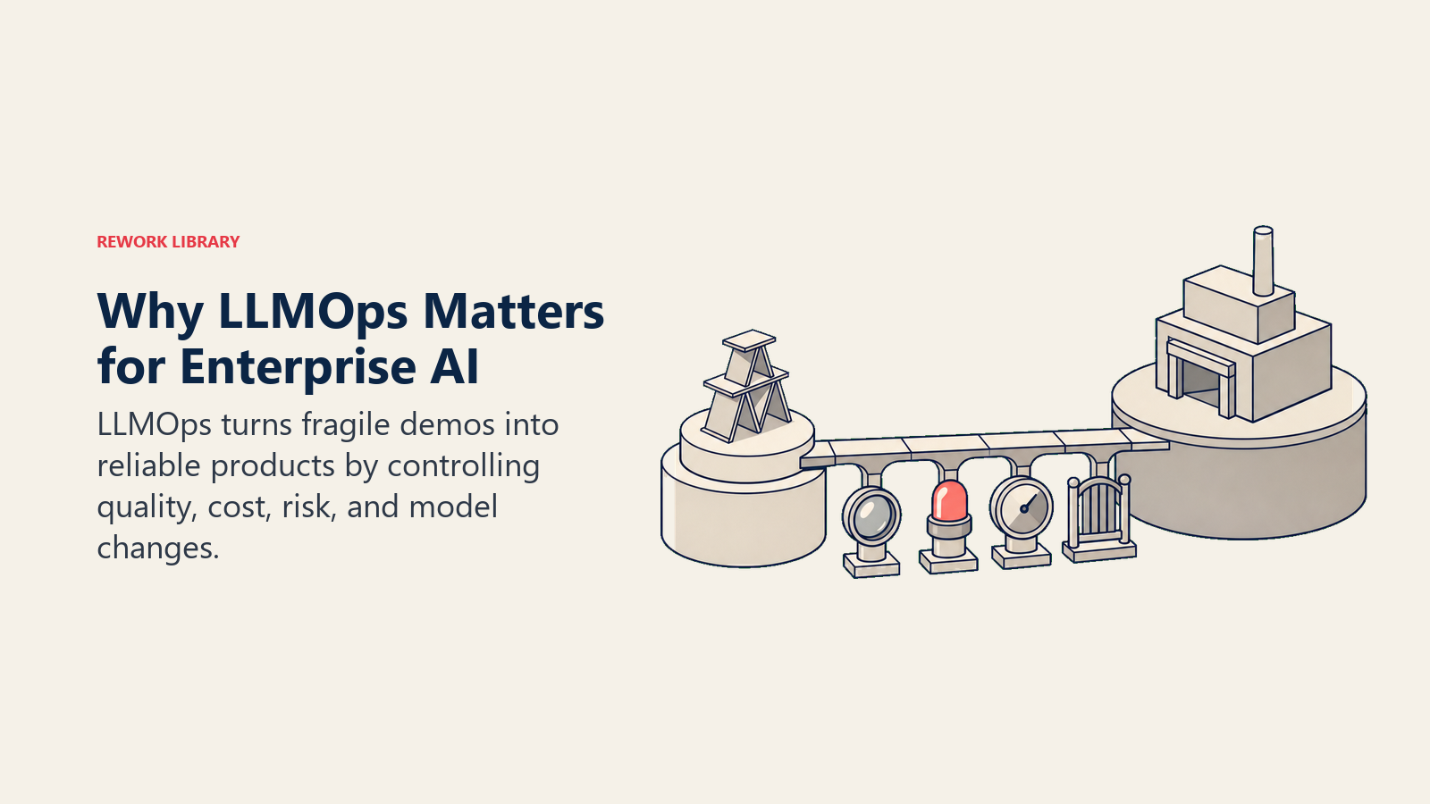 Why LLMOps matters for enterprise AI shown as operational supports bridging a prototype to production