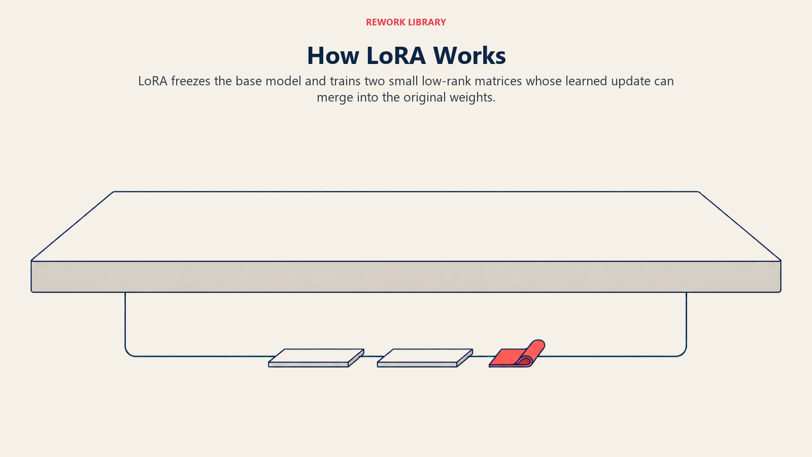 How LoRA works shown as a frozen base weight slab with two thin low-rank matrices producing an update that merges back