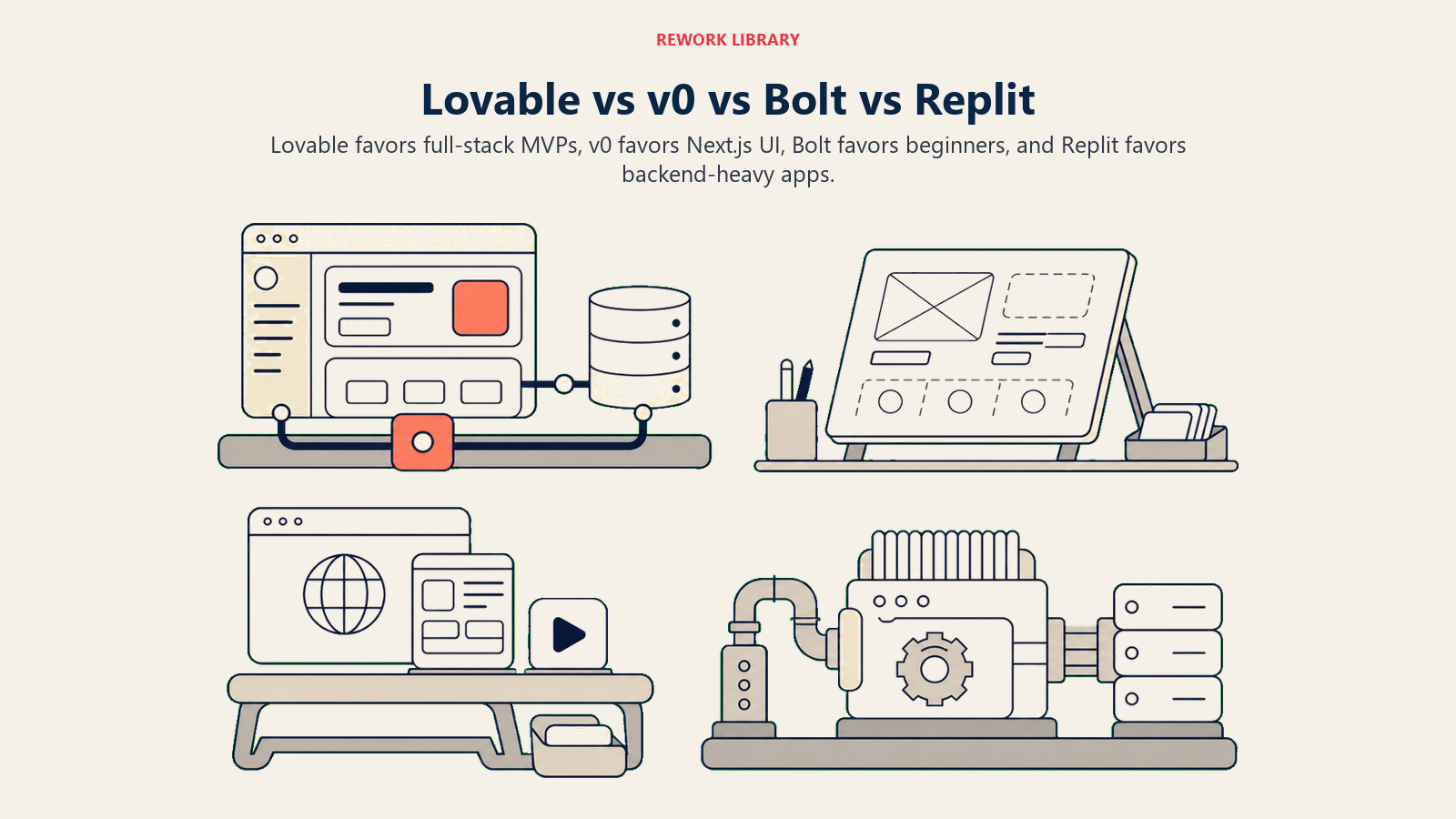 Lovable versus v0, Bolt, and Replit shown as four distinct app-building stations for full-stack, UI, beginner, and backend work