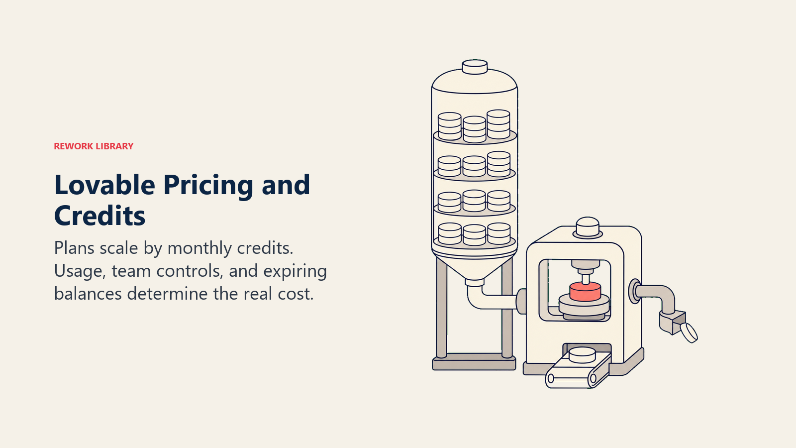 Lovable pricing and credits shown as a tiered credit reservoir feeding app builds with unused credits expiring