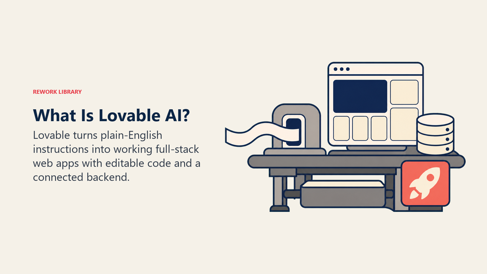 What Is Lovable AI shown as a prompt becoming a full-stack app on a compact builder workbench