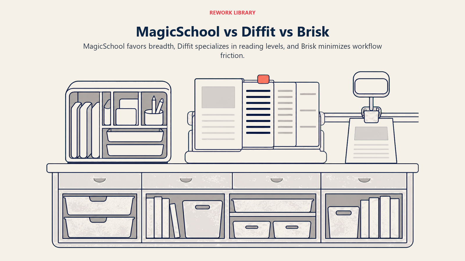 three teaching instruments comparing MagicSchool breadth, Diffit reading differentiation, and Brisk workflow convenience