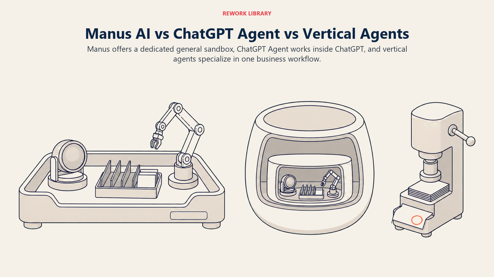 Manus AI, ChatGPT Agent, and vertical agents compared as a sandbox workshop, embedded console, and specialist workflow