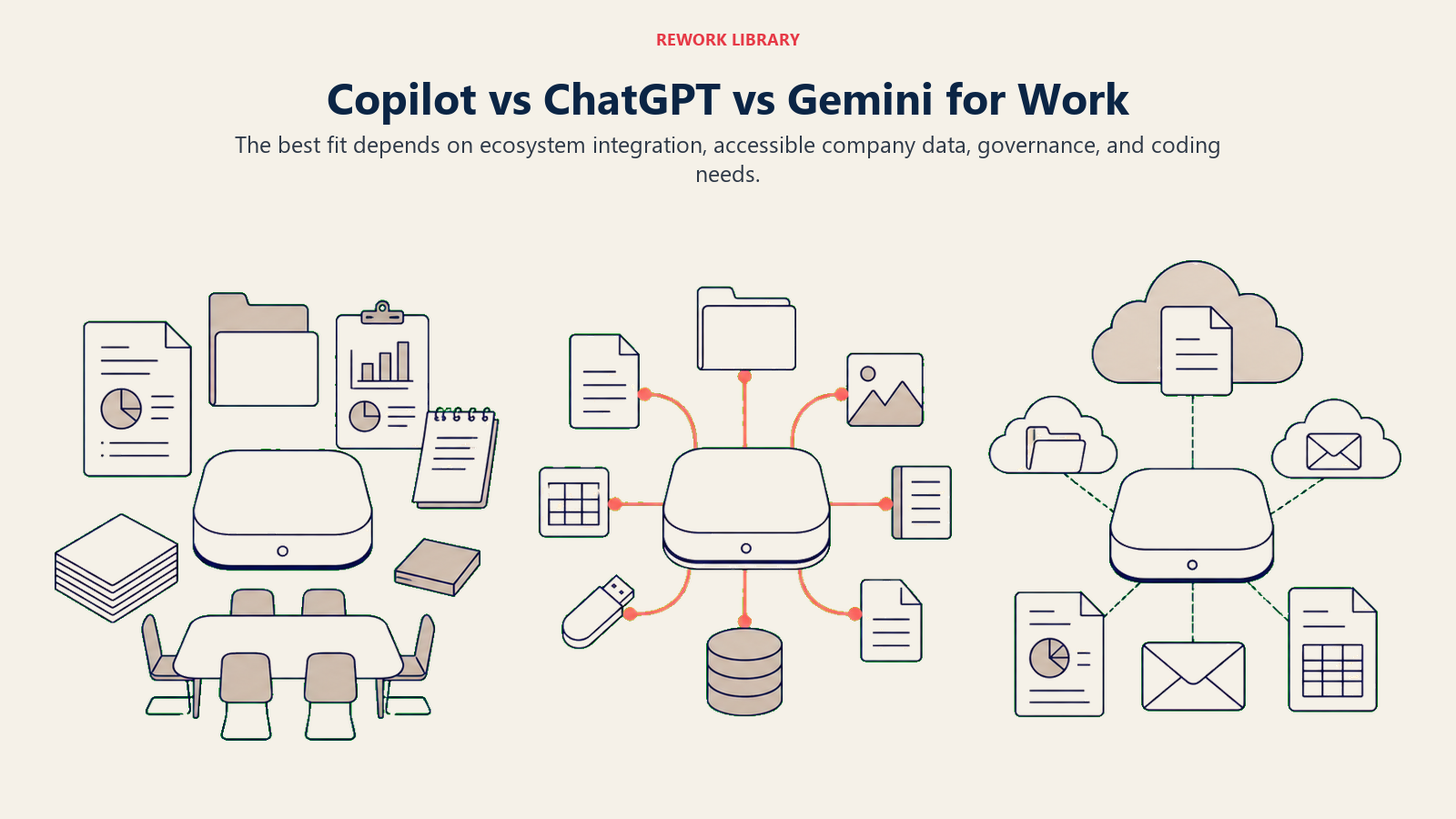 Copilot compared with ChatGPT and Gemini for work across three distinct data ecosystems
