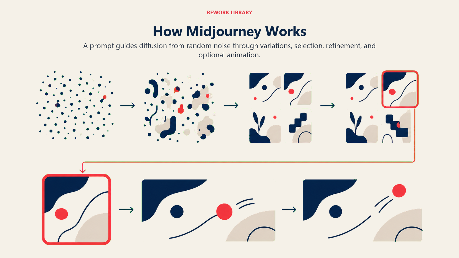 How Midjourney Works illustrated with wide diffusion workflow from noise field to refined image and motion frames