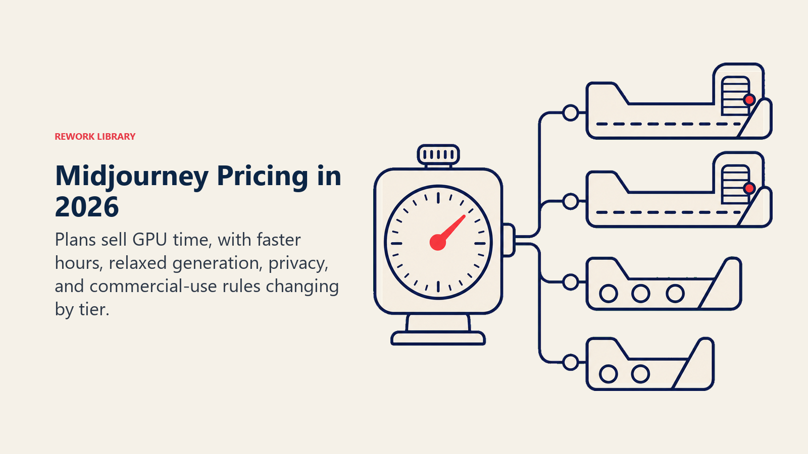 Midjourney Pricing in 2026 illustrated with GPU-hour meter feeding tiered output trays