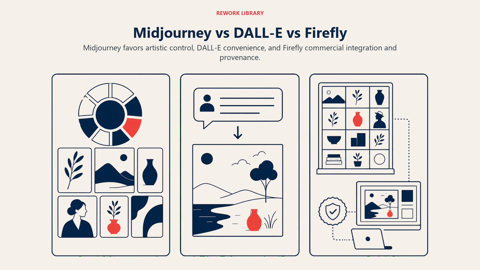 Midjourney vs DALL-E vs Firefly illustrated with three creative studios with distinct output priorities