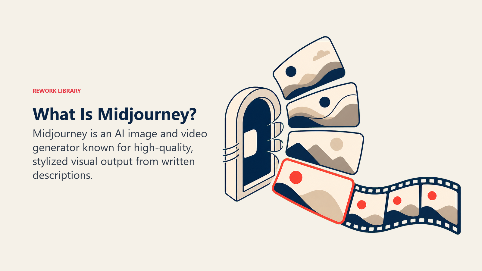 What Is Midjourney shown as a prompt token becoming four art variations and a short motion strip