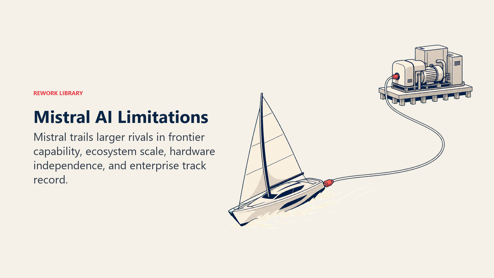 Mistral AI limitations shown as a fast challenger vessel crossing a wide channel while tethered to external hardware