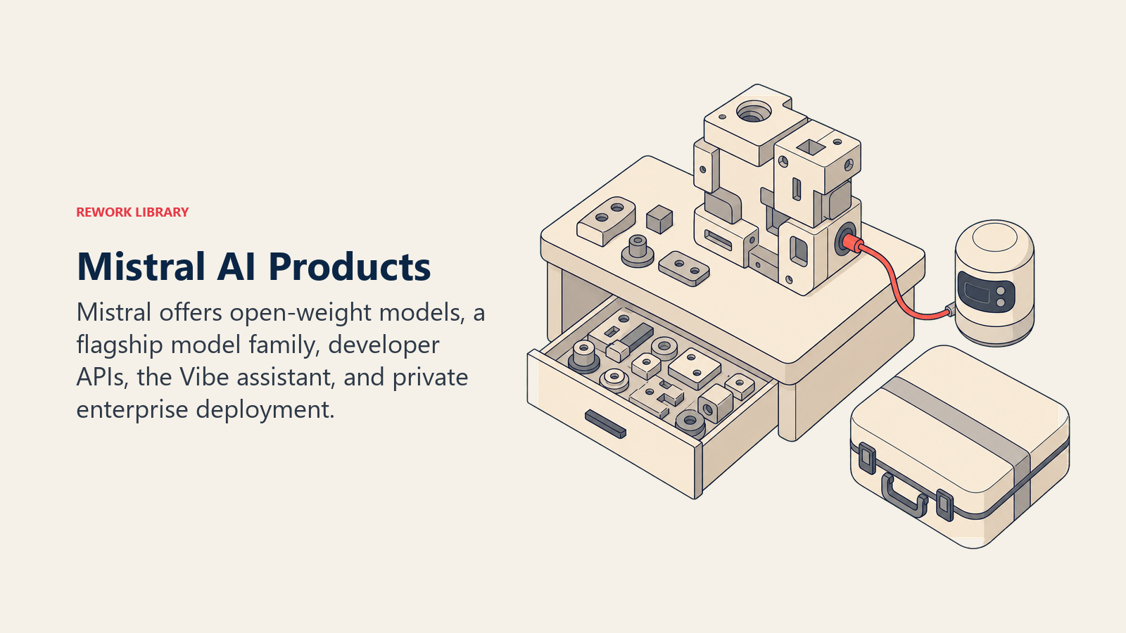 Mistral AI products shown as an atelier for open models, APIs, the Vibe assistant, and private deployment