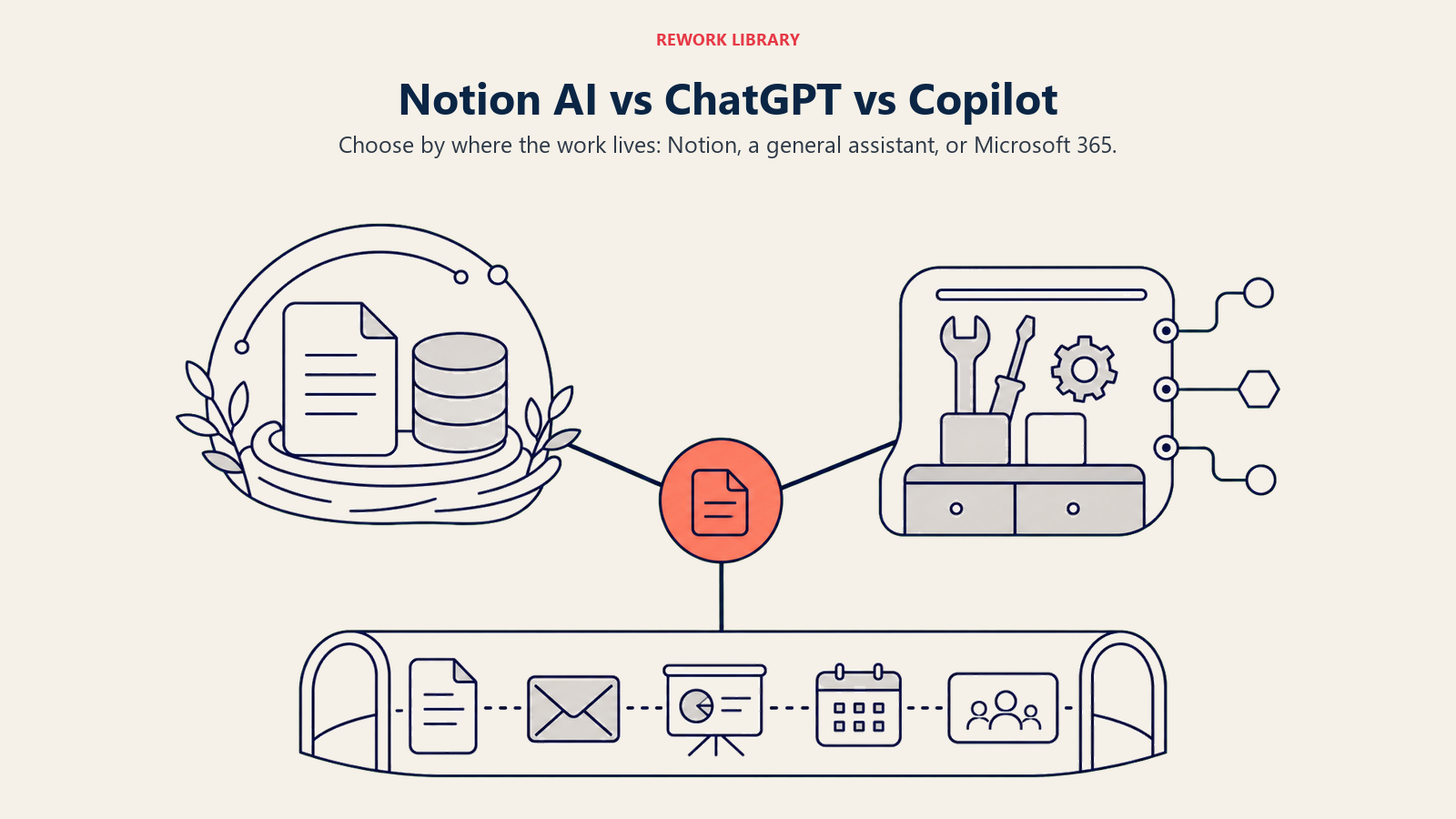 three knowledge-work habitats comparing Notion AI, ChatGPT, and Microsoft Copilot by native context