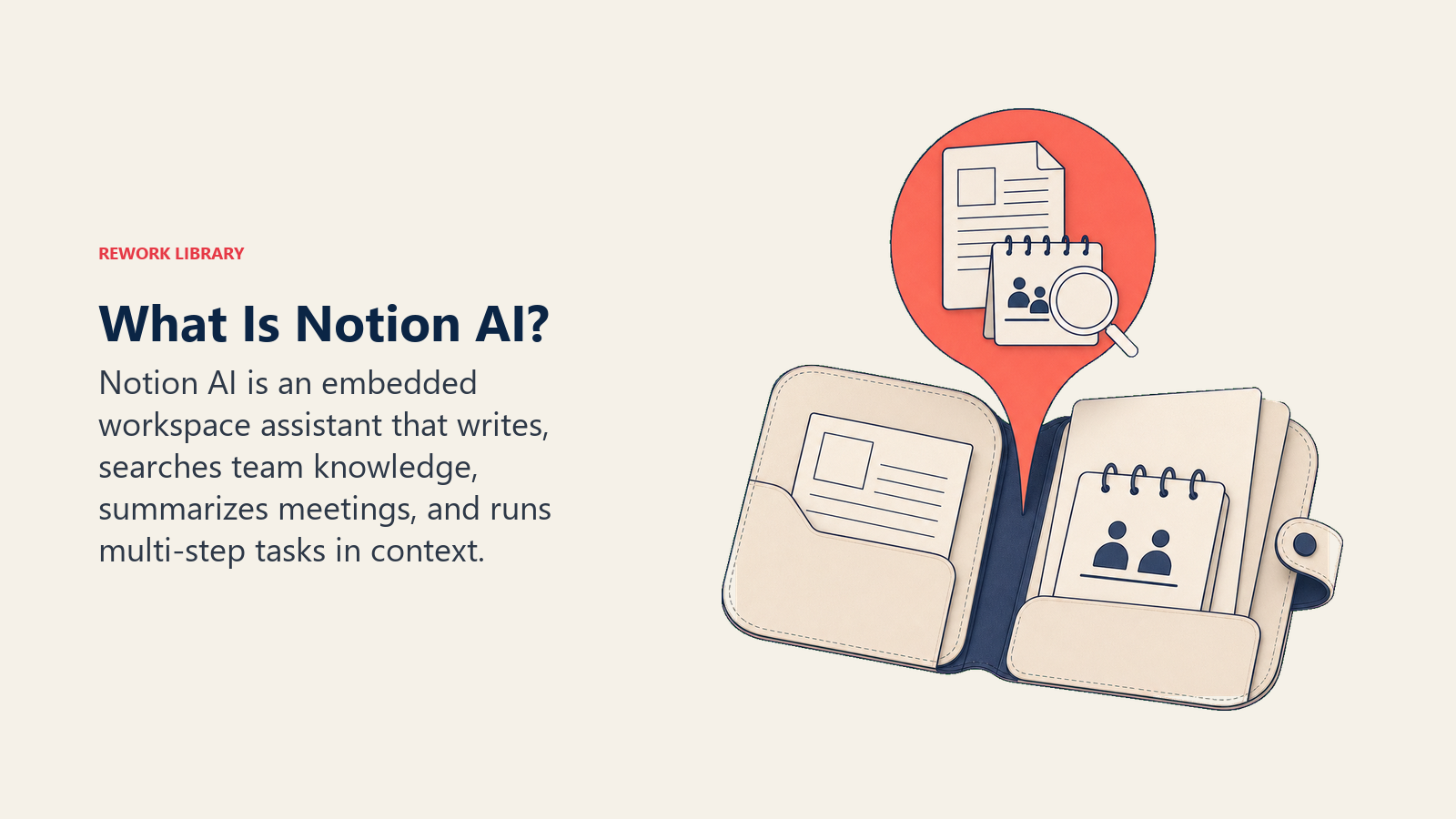 What is Notion AI with workspace pages, meeting notes, search, and an action marker