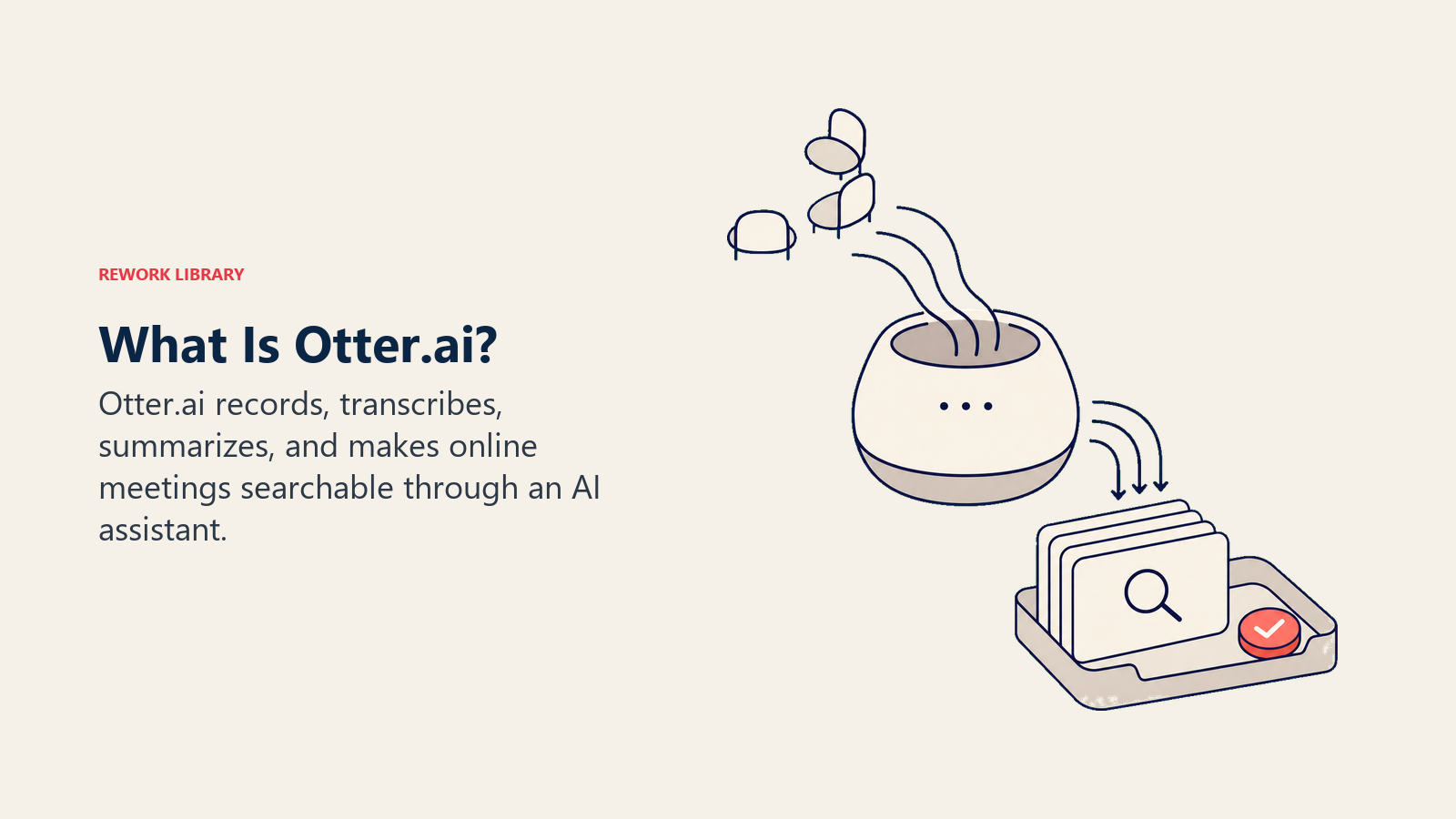 Otter.ai meeting assistant shown turning live speech into searchable notes, summaries, and an action item