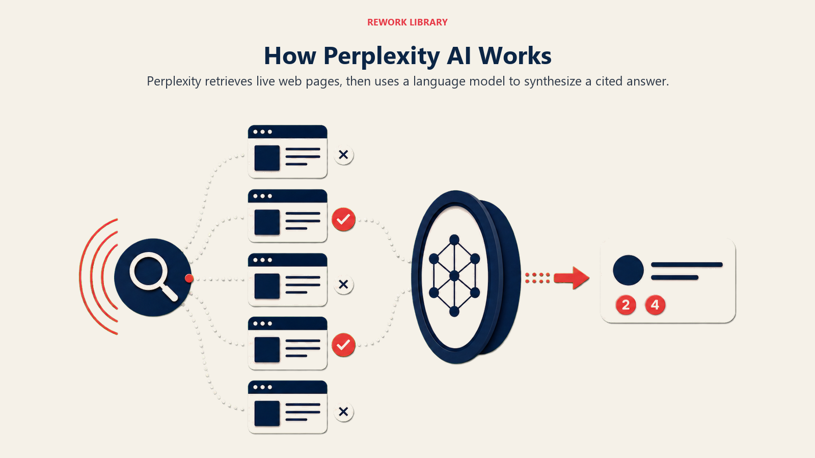 How Perplexity AI Works illustrated as retrieval followed by grounded synthesis