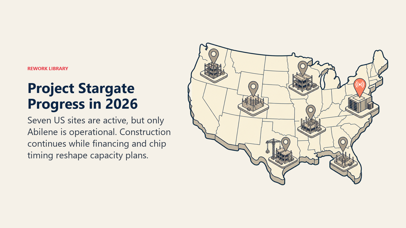 Project Stargate 2026 progress shown on a US construction map with seven sites and one operational light