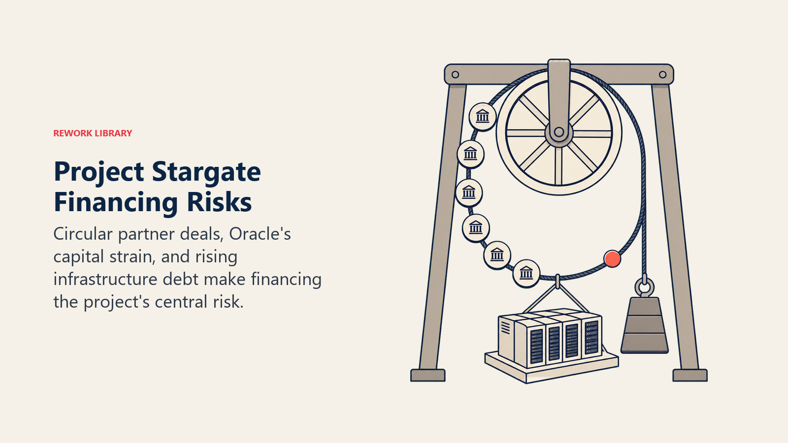 Project Stargate financing risk shown as a circular capital pulley lifting a debt-heavy data-center foundation