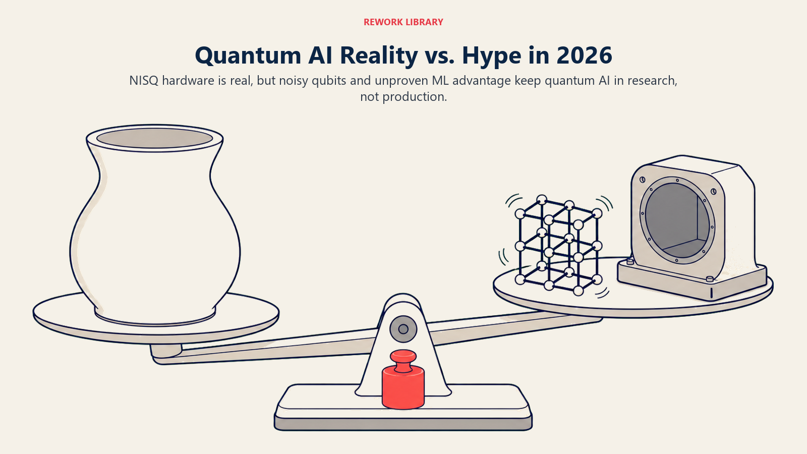 Quantum AI reality versus hype in 2026 shown as a laboratory balance between a promise vessel, noisy qubit hardware, and an empty production socket